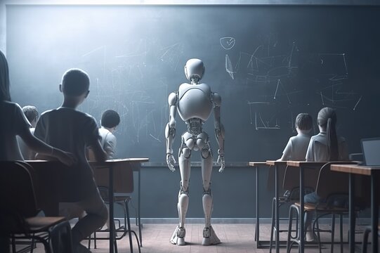 Robot teacher replacing human, working in school classroom, standing near chalkboard. Generative AI
