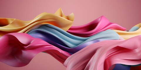 3d render, abstract colorful background with falling curvy textile ribbons and levitating paper layers, fashion wallpaper, Generative AI