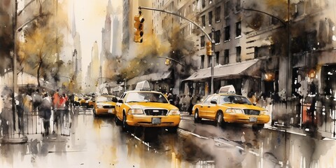 New York City street with taxi: watercolor art painting capturing urban landscape, architecture and the vibrant city life. Generative AI