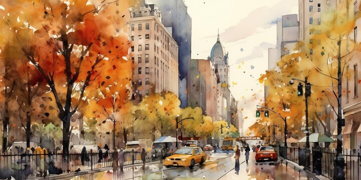 Autumn in new york: beautiful street scene with fall colors, watercolor painting of urban landscape and architecture. Generative AI
