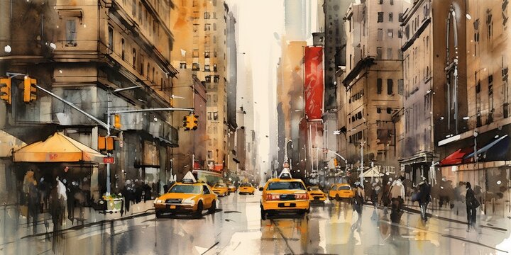 New York City street with taxi: watercolor art painting capturing urban landscape, architecture and the vibrant city life. Generative AI © iridescentstreet