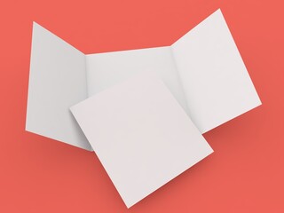 Open blank three folded flyer and A4 sheet mockup on red background.3d render illustration.