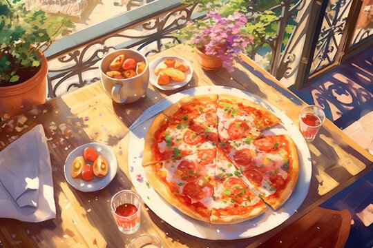 Italian pizzeria terrace in sunshine with pizza on table, dreamy watercolor artwork of day cafe in Italy. Generative AI