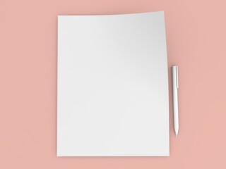 Pen and sheet of A4 paper mockup on a pink background. 3d render illustration.