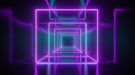 3d render, virtual reality environment, neon light, square portal, tunnel, ultraviolet spectrum, abstract background, laser show, fashion catwalk podium, path, way, stage, floor, Generative AI