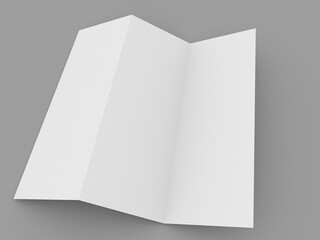 Empty blank paper brochure on gray background. 3d render illustration.