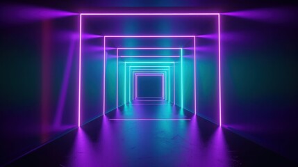 3d render, virtual reality environment, neon light, square portal, tunnel, ultraviolet spectrum, abstract background, laser show, fashion catwalk podium, path, way, stage, floor, Generative AI