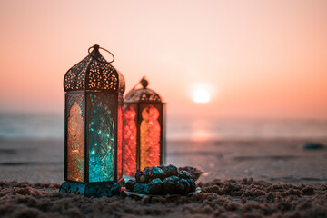 Ramadan Lantern with sunset view, Islamic concept image Colourful lantern with dates