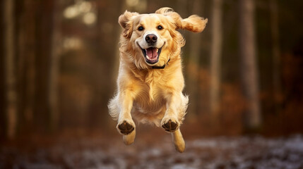A retriever caught mid-air during a hilarious jump, with its tongue out and a goofy expression on its face Generative AI