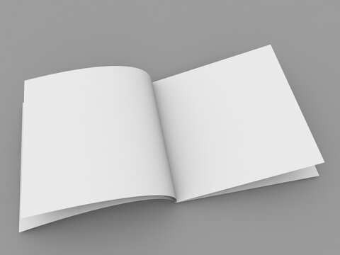 White open magazine mockup on gray background. 3d render illustration.