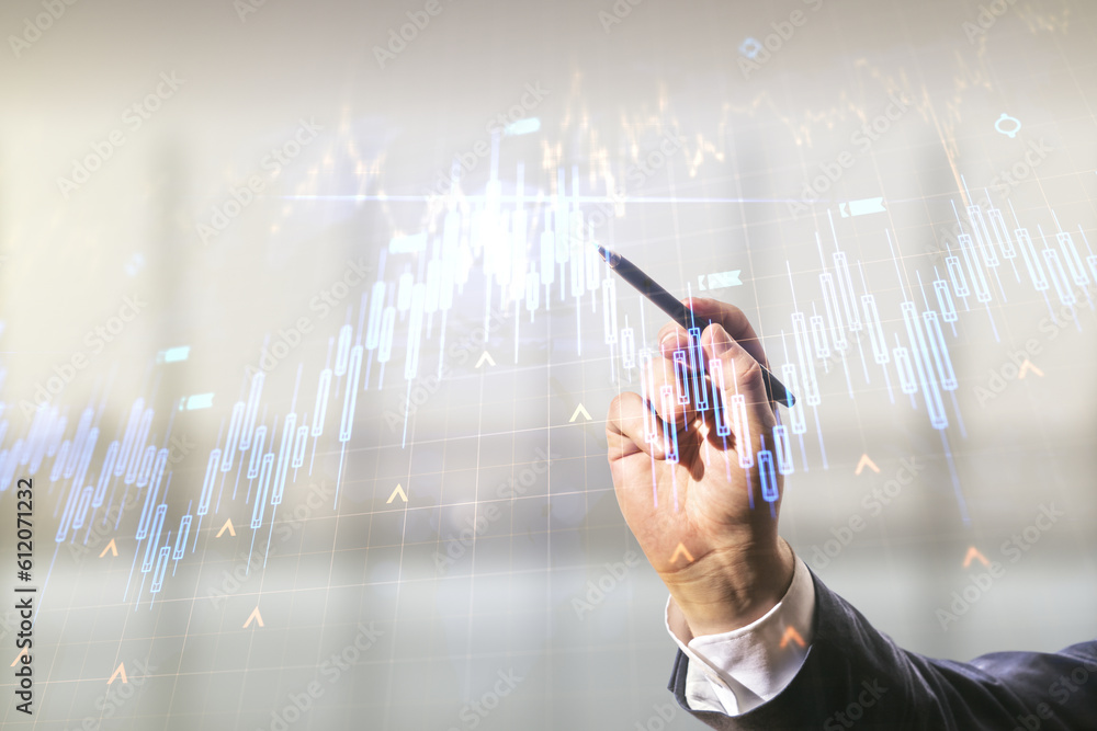 Poster multi exposure of man hand with pen working with abstract financial diagram and world map on blurred