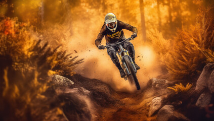 Experience the excitement and speed as a skilled rider takes on challenging trails with jawdropping jumps and gravitydefying tricks thrilling mountain bike adventure. Ai generative.