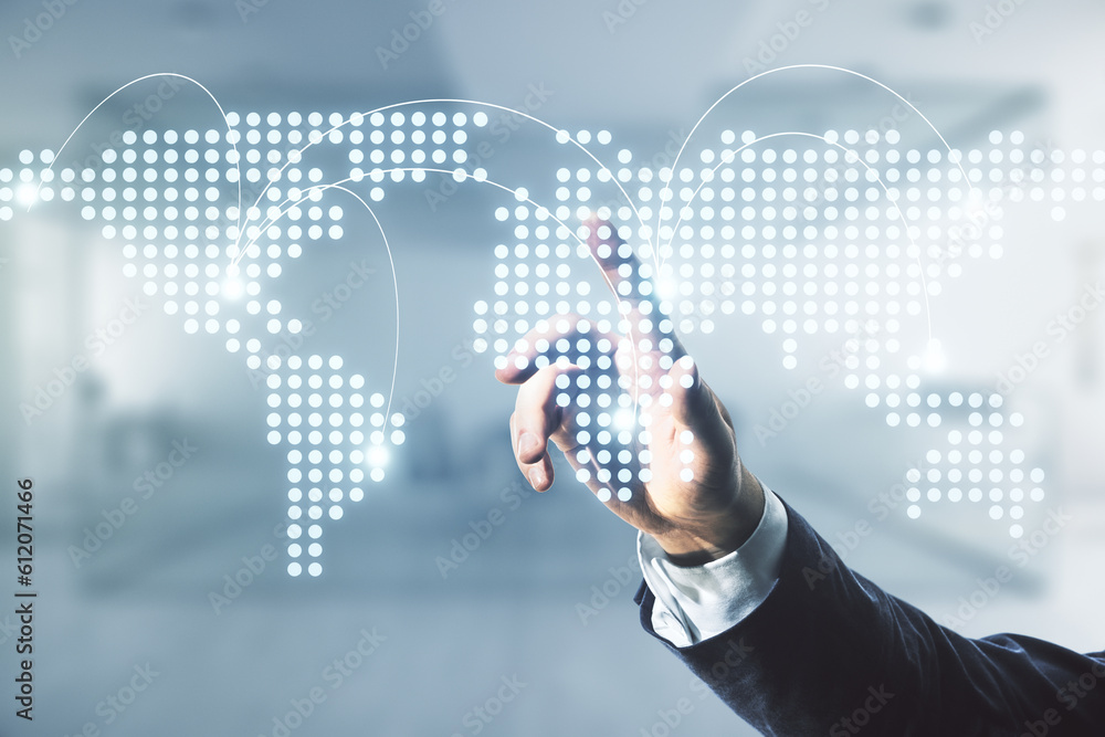 Poster man hand working with abstract virtual world map with connections on blurred office background, inte