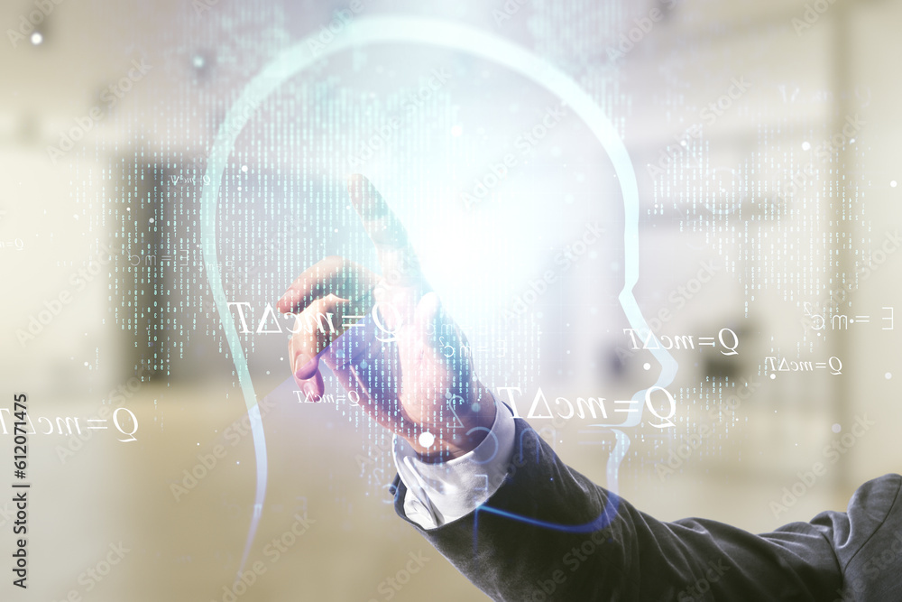 Aufkleber man hand working with abstract virtual artificial intelligence interface with human head hologram on