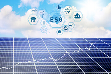 Concept ESP Icons with Photovoltaic solar panel. Environment, society and governance.