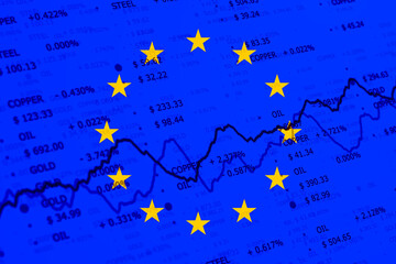 Europe flag with raw materials stock business info data. 
