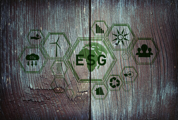Old wood texture with esg icons background. Environment, society and governance.