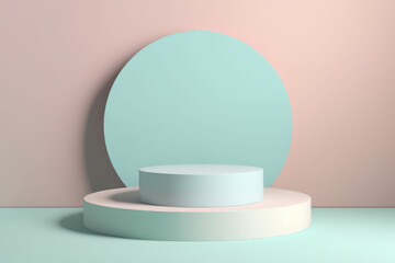 Showcasing products on an abstract geometric stage minimalistic round pedestal mockup. Ai generative.