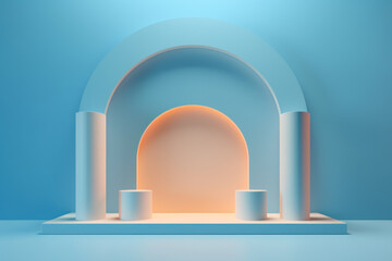A blue round pedestal showcasing modern product mockups in a domestic room, with abstract design elements and a geometric flooring. Ai generative.