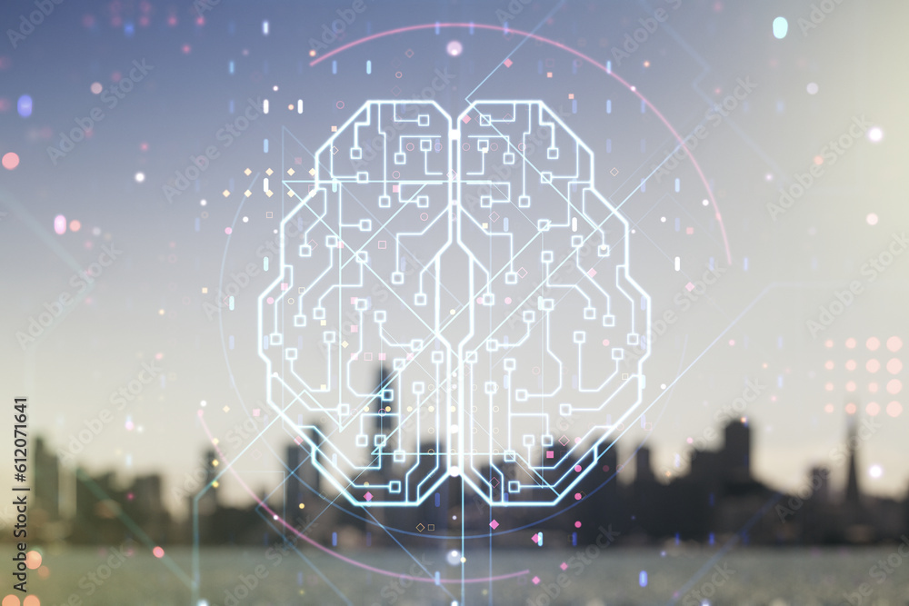 Poster double exposure of creative artificial intelligence interface on blurry cityscape background. neural