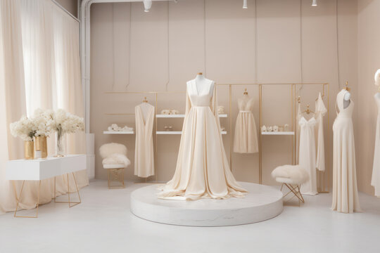 Luxurious gowns for the perfect bride in a stylish boutique setting elegant wedding dresses at a bridal shop. Ai generative.