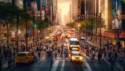A bustling city street with heavy traffic and a dynamic business atmosphere. The vibrant energy of the crowds and the blur of passing cars create a fast-paced, ever-changing cityscape. Ai generative.