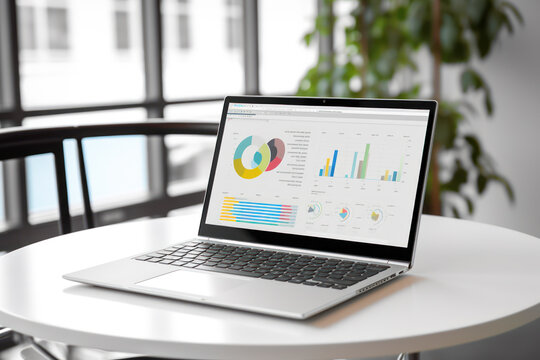 A modern business laptop empowers success with financial strategies and market statistics the power of data analysis. Computer analysis chart and graph. Big data market and investment. Ai generative.