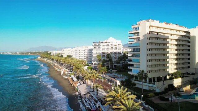 Marbella, Andalusia. Beauiful aerial view of cityscape along the coast at dawn