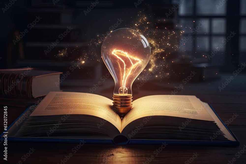 Poster learning and knowledge illumination. education concept. lightbulb and open book on vintage backgroun