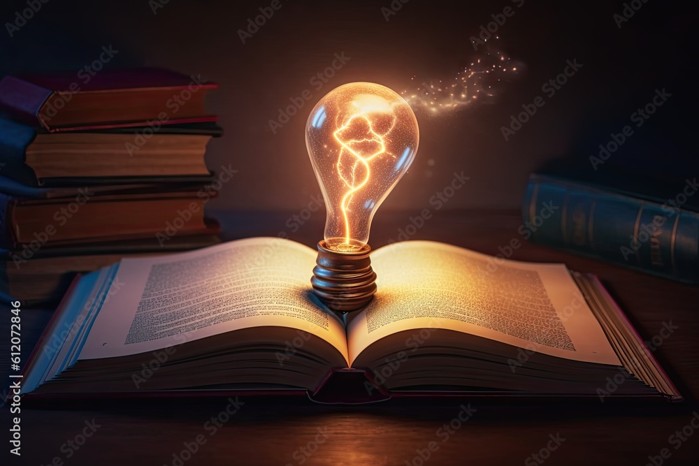 Poster learning and knowledge illumination. education concept. lightbulb and open book on vintage backgroun