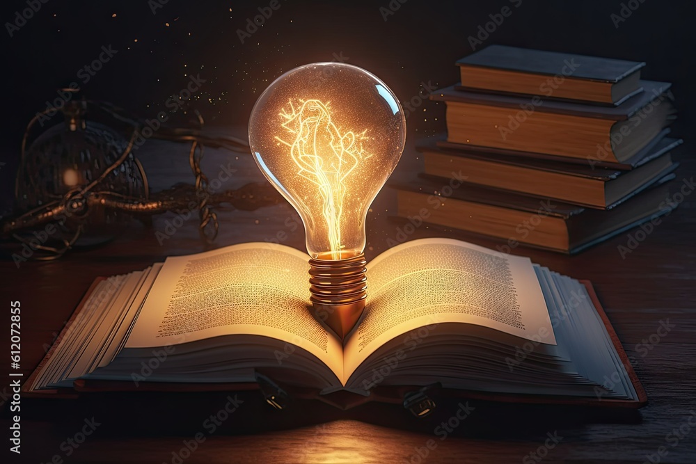 Poster learning and knowledge illumination. education concept. lightbulb and open book on vintage backgroun
