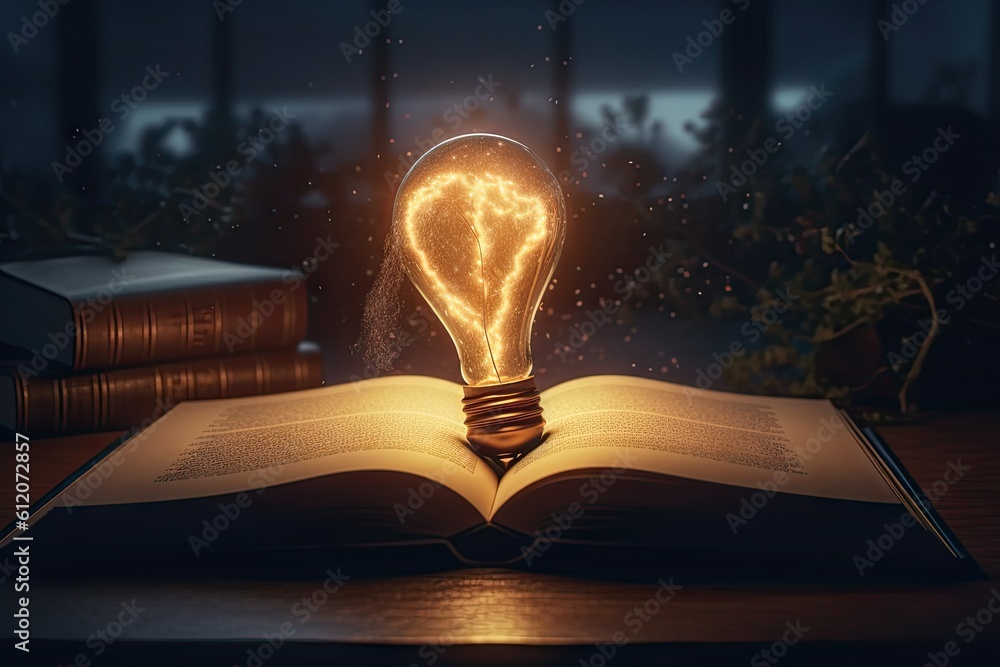 Aufkleber learning and knowledge illumination. education concept. lightbulb and open book on vintage backgroun