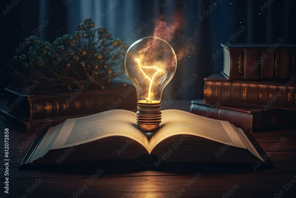 Poster learning and knowledge illumination. education concept. lightbulb and open book on vintage backgroun