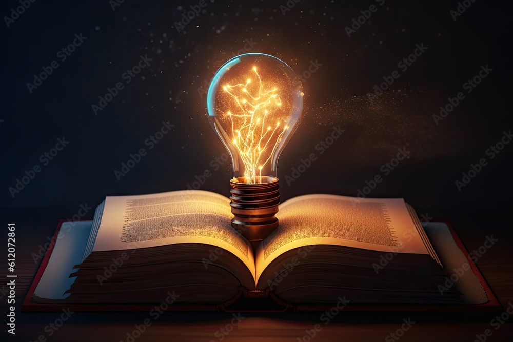 Poster learning and knowledge illumination. education concept. lightbulb and open book on vintage backgroun