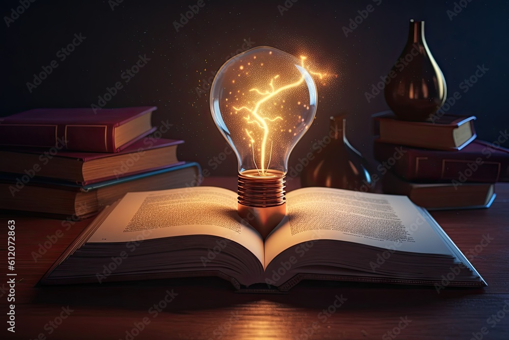 Poster learning and knowledge illumination. education concept. lightbulb and open book on vintage backgroun