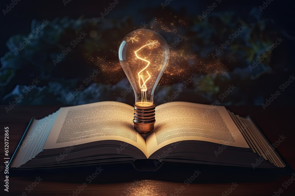 Poster learning and knowledge illumination. education concept. lightbulb and open book on vintage backgroun