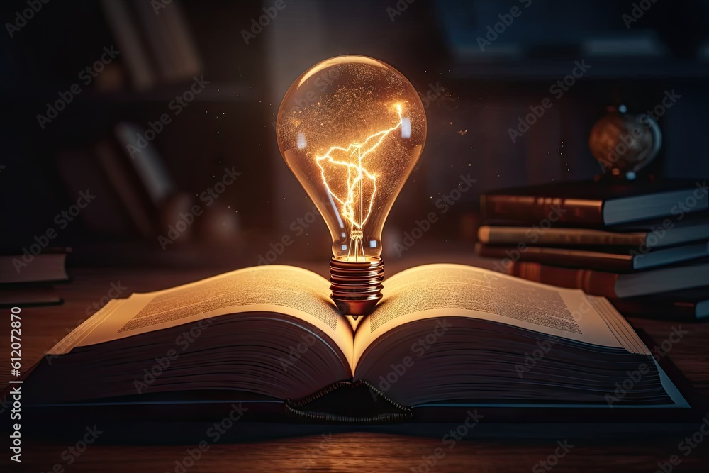 Poster learning and knowledge illumination. education concept. lightbulb and open book on vintage backgroun
