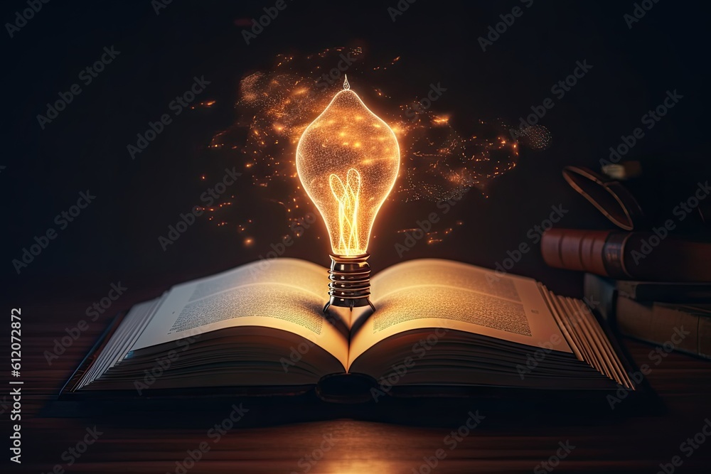 Poster learning and knowledge illumination. education concept. lightbulb and open book on vintage backgroun