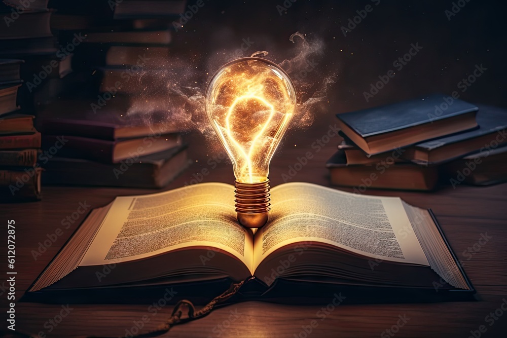 Poster learning and knowledge illumination. education concept. lightbulb and open book on vintage backgroun