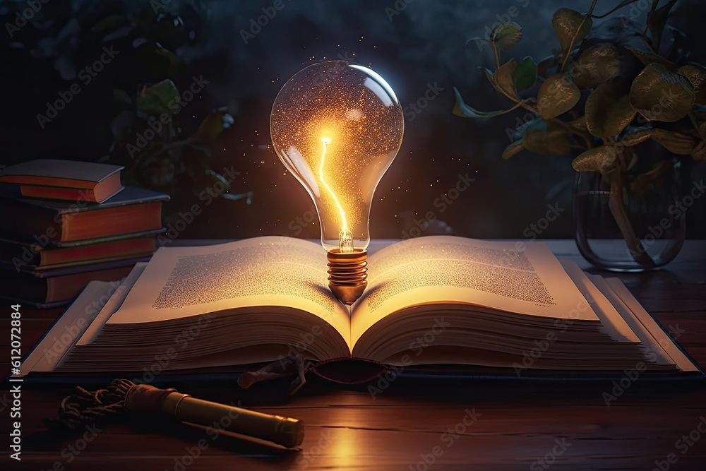Poster learning and knowledge illumination. education concept. lightbulb and open book on vintage backgroun