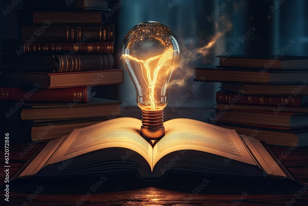 Poster learning and knowledge illumination. education concept. lightbulb and open book on vintage backgroun