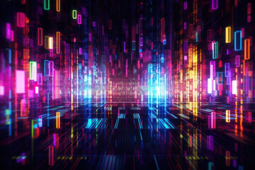 A futuristic abstract technology background illustrating data flow, business analytics, and ai in a modern and digitally generated design neon blocks. Ai generative. - obrazy, fototapety, plakaty