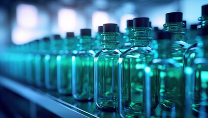 Medical vials on production line at pharmaceutical factory, Pharmaceutical machine working pharmaceutical glass bottles production line. Ai generative.