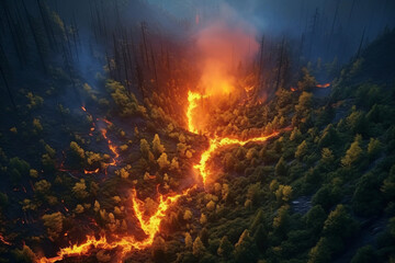 A large fire is burning in the middle of a forest.