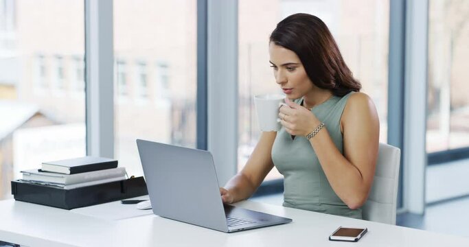 Office laptop, coffee and business woman, secretary or receptionist typing daily schedule, agenda or plan. Administration, morning tea cup and female admin worker reading company online calendar info