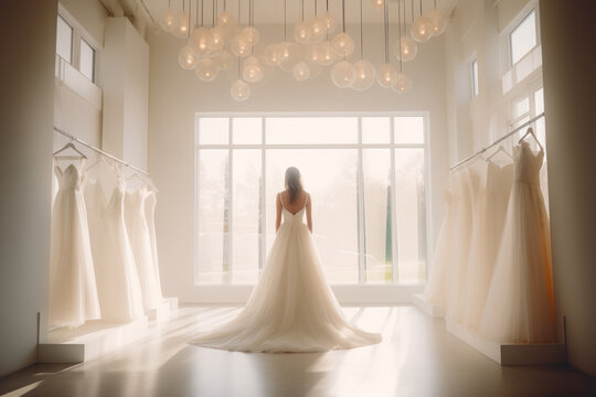 Elegant wedding gowns and dresses. Exquisite boutique experience for stylish brides. Schedule your appointment today. Luxurious bridal shop. Ai generative.