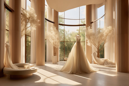 Elegant wedding gowns and dresses. Exquisite boutique experience for stylish brides. Schedule your appointment today. Luxurious bridal shop. Ai generative.