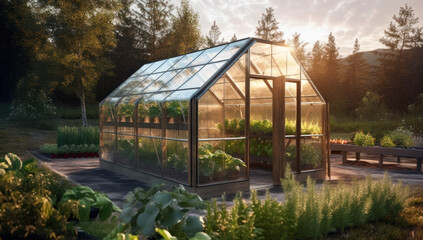 Harnessing technology and sustainable practices for highyield vegetable cultivation, harvesting, and industry progress. Optimizing growth and efficiency in glass greenhouse agriculture. Ai generative.