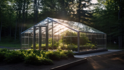 Obraz premium Innovating glass greenhouse technology for efficient vegetable cultivation, sustainable harvesting, and advancing agricultural industry progress. Maximizing growth potential. Ai generative.