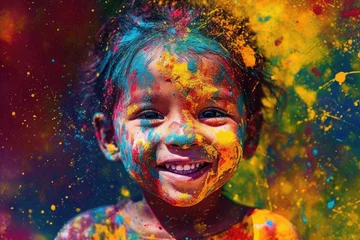 Gordijnen Celebration of Holi festival day colorful illustration of a child covered in paint illustration.Generated with AI. © sirisakboakaew
